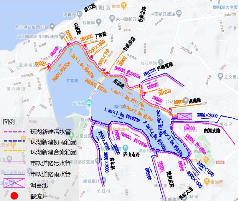 九江市南门湖与甘棠湖新建管网图